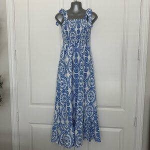 SHEIN Blue and White Floral Maxi Dress Smocked Top Tie shoulder Size XS